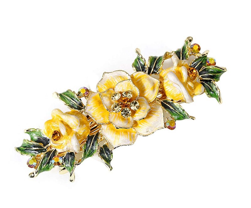 Fodattm Women Lady Vintage Exquisite Flower French Hair Barrette Metal Hairpin Rhinestone Spring Hair Clip Bridal Wedding Crystal Hair Clasps (Yellow) - Image 1
